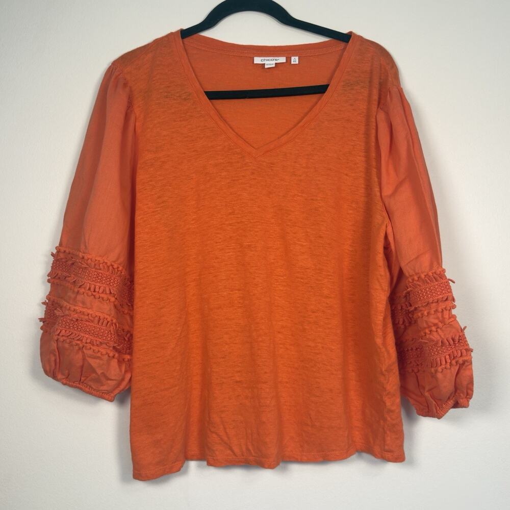 Chicos Shirt 4 (XXL)‎ Women's Orange V Neck Linen Top Puff Sleeve Boho